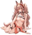  1girl absurdres angelina_(arknights) animal_ears arknights arm_support armpit_crease barefoot black_nails black_shorts blush breasts brown_eyes brown_hair cleavage closed_mouth clothes_pull collar crop_top feet fox_ears fox_tail full_body hairband highres large_breasts legs long_hair midriff nail_polish navel nipples red_hairband ru_zhai shirt_pull short_shorts shorts sitting skindentation smile solo stomach tail thigh_strap thighs toenail_polish toenails toes very_long_hair wavy_hair white_background wristband yokozuwari 