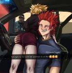  2boys ass bakugou_katsuki black_shirt blonde_hair boku_no_hero_academia commentary english_commentary english_text grin hand_on_another&#039;s_ass highres kirishima_eijirou looking_at_viewer multiple_boys punderagua red_hair red_shorts sharp_teeth shirt shorts smile spiked_hair teeth 