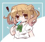  ! 1girl bloom2425 blush bow bowtie brown_eyes collared_shirt cropped_torso double_bun food green_bow green_bowtie hair_bun holding holding_food kantai_collection light_brown_hair michishio_(kancolle) michishio_kai_ni_(kancolle) popsicle shirt short_hair short_sleeves short_twintails solo twintails upper_body white_shirt 