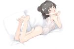  1girl akagi_miria ass black_hair blush couch double_bun feet_up flat_chest hair_bun idolmaster idolmaster_cinderella_girls looking_at_viewer lying on_couch on_stomach ripu_(lipi) smile solo swimsuit white_one-piece_swimsuit 