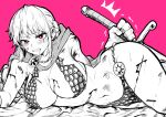  1girl absurdres armor bangs bare_shoulders bikini_armor blood blood_on_face braid breasts cape cuts gloves highres holding holding_sword holding_weapon injury large_breasts long_hair looking_at_viewer lying monochrome navel on_side one_piece pink_background pink_eyes rebecca_(one_piece) solo sword tears teeth torn_clothes weapon yotsumi_shiro 
