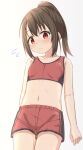  1girl absurdres bangs bare_arms bare_shoulders blush breasts brown_eyes brown_hair closed_mouth collarbone commentary_request cowboy_shot flying_sweatdrops grey_background hair_between_eyes hair_ornament hairclip highres hippo_(hirople) looking_at_viewer navel original ponytail red_shorts red_tank_top short_shorts shorts simple_background small_breasts solo sweat tank_top 