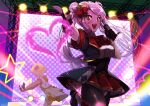  2girls bangs black_gloves breasts collar fingerless_gloves frills gloves hair_ornament hair_ribbon heart holding holding_microphone idol idol_clothes long_hair looking_at_viewer masiro microphone multiple_girls music open_mouth overlord_(maruyama) pink_hair red_eyes red_ribbon red_skirt ribbon shalltear_bloodfallen sharp_teeth short_sleeves singing skirt smile solo_focus stage stage_lights star_(symbol) teeth thighhighs twintails upper_teeth 