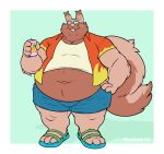  2022 anthro belly beverage big_belly brown_body can clothing container eyewear footwear generation_8_pokemon glasses greedent humanoid_hands male manlyster navel nintendo overweight overweight_male pokemon pokemon_(species) sandals shirt solo topwear video_games 