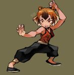  1girl animal_ears bare_arms bare_shoulders black_footwear black_gloves breasts brown_hair cleavage fighting_stance gloves hand_up looking_at_viewer open_mouth original red_eyes red_vest shoes short_hair solo sui_(suizilla) tiger_ears vest 