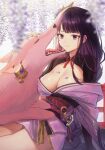  1girl animalization bangs blurry blurry_foreground braid braided_ponytail breasts cleavage closed_eyes earrings flower flower_knot fox genshin_impact gold_trim highres hyun9164 japanese_clothes jewelry kimono large_breasts long_hair looking_at_another obi obiage obijime off_shoulder open_mouth petals pink_fur purple_eyes purple_flower purple_hair purple_sash raiden_shogun rope sash shimenawa short_kimono shrug_(clothing) sidelocks single_braid solo swept_bangs tassel thighs vision_(genshin_impact) yae_miko yae_miko_(fox) 
