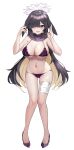  1girl :d animal_ears bandaged_leg bandages bangs black_hair blonde_hair blue_archive blunt_bangs blush bra breasts colored_inner_hair full_body hair_over_one_eye halo hei_d high_heels highres large_breasts long_hair looking_at_viewer multicolored_hair navel panties purple_bra purple_eyes purple_panties rabbit_ears simple_background smile solo standing stomach tsukuyo_(blue_archive) underwear underwear_only very_long_hair white_background 