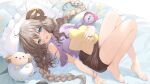  absurdres alarm_clock animal_ears bangs barefoot blue_eyes bracelet braid brown_hair clock highres horns jewelry long_hair looking_at_viewer lying on_back open_mouth original pencil_skirt pillow ring sheep sheep_ears sheep_horns skirt star_pillow twin_braids yana_mori 