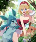  1girl :d bangs blonde_hair blue_eyes blurry blush bracelet collar commentary_request day eyelashes glaceon grass hairband hand_up happy haru_(haruxxe) highres irida_(pokemon) jewelry light_rays open_mouth outdoors pokemon pokemon_(creature) pokemon_(game) pokemon_legends:_arceus red_hairband red_shirt river sash shirt shorts smile strapless strapless_shirt tongue tree water 