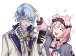  1boy 1girl arknights bandana blue_hair closed_eyes feint721 flower formal genshin_impact goldenglow_(arknights) headpat highres kamisato_ayato light_blue_hair mole mole_under_mouth no_gloves non-web_source open_mouth pink_hair ribbon smile suit tears white_background white_suit 