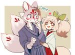  1boy 1girl :3 :d animal_ears blush boko_(sui_(suizilla)) closed_mouth fang fox_ears fox_tail furry furry_female furry_male hair_ornament hakama headpat heart hetero highres japanese_clothes kimono leaf_hair_ornament long_sleeves multiple_tails open_mouth original ponytail raccoon_ears red_hakama smile sui_(suizilla) tail tamiko_(sui_(suizilla)) wide_sleeves 
