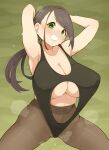  1girl armpits black_leotard blush breasts brown_pantyhose copyright_request covered_nipples green_eyes grey_hair grin highres huge_breasts large_breasts leotard looking_at_viewer pantyhose ponytail smile solo squatting steaming_body takato_kurosuke 
