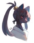  1girl animal_ears brown_hair closed_mouth dark-skinned_female dark_skin fox_ears high_ponytail japanese_clothes kimono looking_at_viewer original ponytail portrait red_eyes signature simple_background solo sui_(suizilla) white_background 