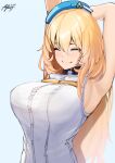  1girl arm_up armpits arms_behind_head atago_(kancolle) ayuman beret blonde_hair blue_background blue_headwear bra_visible_through_clothes breasts closed_eyes closed_mouth dated duplicate hair_between_eyes hat kantai_collection large_breasts long_hair pixel-perfect_duplicate presenting_armpit shirt sideboob signature simple_background sleeveless sleeveless_shirt smile solo stretching upper_body white_background white_shirt 