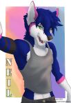  anthro black_body black_fur black_stripes blue_body blue_fur blue_hair canid clothing fangs fur glistening glistening_eyes green_eyes grey_clothing grey_topwear hair half-length_portrait hi_res looking_at_viewer male mammal neash neck_tuft neillen open_mouth pink_body pink_fur portrait solo striped_arms stripes topwear tuft white_body white_fur 