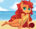  anthro beach bikini blush claralaine clothing equid equine female green_eyes hair horse long_hair looking_at_viewer mammal open_mouth open_smile outside pony red_hair seaside smile smiling_at_viewer solo swimwear water young 
