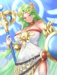  1girl armlet bangs breasts dress forehead_jewel gold green_eyes green_hair highres jewelry kid_icarus kid_icarus_uprising large_breasts laurel_crown long_hair oreo_worcesuter palutena parted_bangs pendant shield side_slit single_thighhigh solo staff strapless strapless_dress thighhighs vambraces very_long_hair white_thighhighs 