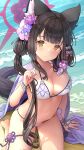  1girl absurdres animal_ear_fluff animal_ears arm_up barefoot beach bikini black_hair blue_archive breasts brown_eyes cleavage flower fox_ears fox_girl fox_tail hair_flower hair_ornament halo highres long_hair looking_at_viewer low_twintails navel nomio ocean outdoors sitting solo stomach swimsuit tail thigh_strap thighs twintails very_long_hair wakamo_(blue_archive) water white_bikini 
