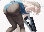  1girl animal_ears ass assault_rifle asuna_(blue_archive) asuna_(bunny)_(blue_archive) backless_leotard bare_shoulders bent_over blue_archive blue_leotard breasts earrings facing_away fake_animal_ears fake_tail feet_out_of_frame gloves gun highres holding holding_gun holding_weapon jewelry large_breasts leotard light_brown_hair long_hair ltotyht pantyhose playboy_bunny rifle simple_background solo strapless strapless_leotard stud_earrings tail thighband_pantyhose weapon white_background white_gloves 