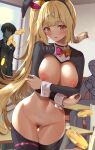  1girl 2boys absurdres animal_ears arms_under_breasts blonde_hair blush bow bowtie breastless_clothes breasts coin cowboy_shot crossed_arms diffraction_spikes fake_animal_ears fujiko_(emnprmn) gold hair_ornament hairclip highres hoshikawa_sara large_breasts long_hair looking_at_viewer meme_attire multiple_boys nijisanji nipples open_mouth orange_eyes pubic_hair rabbit_ears reverse_bunnysuit reverse_outfit side_ponytail solo_focus thigh_gap very_long_hair virtual_youtuber 