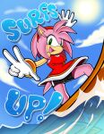  amy_rose anthro breasts clothed clothing english_text eulipotyphlan female gesture gloves green_eyes hair handwear hedgehog hi_res looking_at_viewer mammal open_mouth open_smile pink_body pink_hair sega senshion smile solo sonic_the_hedgehog_(series) surfboard surfing text v_sign water 