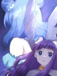  2girls aizawa_mint bangs blue_eyes blue_hair blunt_bangs detached_sleeves double_bun fujiwara_zakuro hair_bun highres long_hair magical_girl medium_hair mew_mint multiple_girls puffy_detached_sleeves puffy_sleeves purple_hair sasayoukuma tokyo_mew_mew wings 