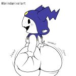  atlus big_butt butt butt_squish clothing demon digital_media_(artwork) hand_on_butt hat headgear headwear humanoid imp jack_frost_(megami_tensei) looking_back male megami_tensei mostly_nude open_mouth simple_background solo spindapixelart squish thick_thighs video_games white_background white_body 