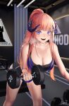  1girl :d alternate_costume alternate_hairstyle arknights bagpipe_(arknights) bangs bare_shoulders bent_over bike_shorts black_shorts blunt_bangs blush breasts cleavage collarbone dumbbell exercise feet_out_of_frame geomiddang highres indoors large_breasts long_hair looking_at_viewer open_mouth orange_hair ponytail purple_eyes rhodes_island_logo shorts signature smile solo sports_bra standing steaming_body teeth upper_teeth very_long_hair weightlifting 