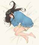  1girl absurdres bangs barefoot bed bed_sheet bedroom black_hair blue_sweater blush breasts feet full_body highres indoors kaya_(yyao_mie) legs long_hair lying on_bed on_side smelling soles solo spy_x_family sweater toes yor_briar 