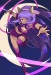  animal_ears bangs blue_eyes blunt_bangs boots bow bridal_garter crescent_moon detached_sleeves fujiwara_zakuro highres holding holding_weapon knee_boots long_hair magical_girl moon pink_ribbon puffy_detached_sleeves puffy_sleeves purple_bow purple_footwear purple_hair ribbon startboii tail tokyo_mew_mew very_long_hair weapon wolf_ears wolf_girl wolf_tail 