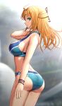  1girl ass blonde_hair bracelet breasts closed_mouth commentary_request fiora_(xenoblade) gonzarez green_eyes highres jewelry large_breasts long_hair looking_at_viewer midriff smile solo sports_bra sportswear sweat xenoblade_chronicles_(series) xenoblade_chronicles_1 