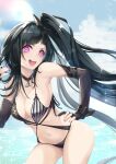  1girl architect_(girls&#039;_frontline) armpits artist_name ass ass_visible_through_thighs bangs bare_legs beach bikini black_bikini black_choker black_gloves black_hair black_one-piece_swimsuit blue_sky breasts casual_one-piece_swimsuit choker cloud cloudy_sky commentary_request cowboy_shot day elbow_gloves girls&#039;_frontline gloves hair_ornament hand_on_hip head_tilt highres long_hair looking_at_viewer medium_breasts nagi_(nightmare-cat) nail_polish navel ocean one-piece_swimsuit open_mouth outdoors partially_fingerless_gloves pink_eyes pink_nails pose purple_eyes sangvis_ferri side_ponytail sidelocks sky smile solo swimsuit teeth twitter_username upper_teeth very_long_hair watermark wrist_cuffs 