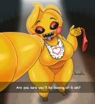  absurd_res bib big_breasts breasts clothing female five_nights_at_freddy&#039;s five_nights_at_freddy&#039;s_2 genitals hi_res holding_clothing holding_object holding_panties holding_underwear jhenightfox machine panties pussy robot scottgames solo thick_thighs tongue tongue_out toy_chica_(fnaf) underwear video_games 