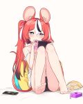  1girl absurdres animal_ears bag_of_chips black_hair blue_eyes blush cellphone chips collar drinking_straw feet food hair_ornament hakos_baelz highres hololive hololive_english irys_(hololive) juice_box long_hair mouse_ears mouse_girl mouse_tail multicolored_hair namiorii nintendo_switch phone pillow red_hair simple_background sitting smartphone solo spikes streaked_hair tail toes twintails virtual_youtuber white_background white_hair 