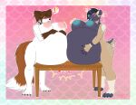  2020 african_wild_dog anthro belly big_belly blush canid canine canis claire_(xausr32) confusion domestic_dog duo excitation female female/female furniture hi_res inflation inverted_nipples koko_(ryukawa) long_tail mammal nipples nub_tail papillon ryukawa swollen swollen_breasts table toy_dog 