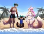  4_toes 5_fingers anna_yaeger anthro athletic beach big_breasts bikini bindweed_(artist) bindy_the_cat blue_hair blue_nipples blue_tongue breasts brown_body brown_fur canid canine canis claws cleavage clothed clothing cloud daughter day domestic_cat domestic_dog ear_tuft ears_down eyebrows family father feet felid feline felis female fingers floppy_ears fluffy fluffy_tail fur fur_markings grey_eyes group hair hair_buns hand_holding hand_on_face hi_res long_hair long_tail looking_at_another looking_down male mammal markings mother mountain navel nipples one-piece_swimsuit open_mouth palm_tree parent paws pink_hair pivoted_ears plant sam_yaeger sand seaside sky slightly_chubby slightly_chubby_anthro slightly_chubby_female smile spots swimming_trunks swimwear tan_body tan_fur teeth thick_thighs tied_hair toe_claws toes tongue topless topless_anthro topless_male tree trio tuft water wide_hips young 