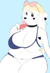  3 absurd_res big_breasts bikini breasts canid canine canis clothing collar domestic_dog female food heart_(marking) hi_res mammal popsicle popsicle_stick saltine_(toonarscontent) smile swimwear tagme thick_thighs toonarscontent wide_hips 