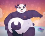  absurd_res alp_(tas) anthro belly blush bottomwear braided_hair braided_ponytail clothing convenient_censorship embarrassed giant_panda hair hi_res lifewonders male mammal navel nipples nude overweight shorts solo tigerluster tokyo_afterschool_summoners ursid video_games 