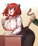  1boy 1girl animal_ears arms_on_table black_pants black_vest blush breasts buttons collar cow_ears cow_horns gigantic_breasts gloves hair_tie heemin highres horns long_sleeves medium_hair open_clothes open_shirt original pants red_eyes red_hair shirt simple_background table tail tail_pull vest white_shirt 