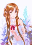  1girl abs armlet asuna_(sao) bangs bare_shoulders blurry blurry_background blurry_foreground bow braid breasts brown_hair commentary_request depth_of_field elf eyelashes film_grain flower highres leaning_forward long_hair looking_at_viewer medium_breasts navel open_clothes parted_bangs plant pointy_ears rapa_rachi red_bow revision see-through shiny shiny_hair shiny_skin shirt sidelocks signature simple_background skindentation smile solo sweat sword_art_online titania_(sao) underboob very_long_hair white_background white_shirt yellow_eyes 