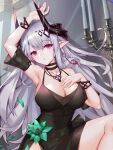  1girl alternate_eye_color arknights arm_up armpits bangs bare_shoulders black_choker breasts candle candlestand chinese_commentary choker cleavage commentary_request cross cross_necklace detached_sleeves earrings green_flower grey_hair hand_on_own_chest horns indoors jewelry large_breasts misheng_liu_yin mudrock_(arknights) mudrock_(obsidian)_(arknights) necklace official_alternate_costume parted_lips petals pink_eyes pointy_ears short_sleeves solo upper_body 