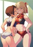  2girls ass blonde_hair breasts brown_eyes brown_hair buruma eye_contact grin hair_ribbon hands_on_hips harukawa_fuki highres indoors leaning_forward looking_at_another lycoris_recoil medium_breasts multiple_girls nishikigi_chisato red_eyes red_ribbon ribbon short_hair sleeveless small_breasts smile sports_bikini sweatdrop toned yuka_ne_(denim) zipper 