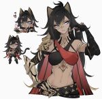  1girl :3 animal_ears arm_armor asymmetrical_clothes belt black_hair blue_eyes cape cat cat_girl commentary dark-skinned_female dark_skin dehya_(genshin_impact) earrings emoji gem genshin_impact halterneck highres jewelry llz5l makeup_brush multicolored_hair red_gemstone 