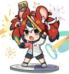  1girl alternate_costume animal_ears black_hair casual chibi dual_wielding gloves hakos_baelz highres holding hololive hololive_english jacket mouse_ears mouse_girl mouse_tail mousetrap mr._squeaks_(hakos_baelz) multicolored_hair nintendo_switch_sports red_hair shoes shorts single_glove sneakers snowmya sparks streaked_hair sword tail track_jacket twintails virtual_youtuber weapon white_hair wooden_sword 