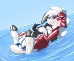  animate_inanimate anthro belly belly_squish canid canine canis cuddling curled_tail domestic_dog embrace eye_contact floatie floating generation_7_pokemon hand_in_water hug husky inflatable inflatable_toy living_inflatable looking_at_another lycanroc mammal midnight_lycanroc nintendo nordic_sled_dog outside paw_on_back paws pokemon pokemon_(species) pool_float pool_toy raised_paw spitz squish summer tallarra treble_(treblehusky) video_games water 