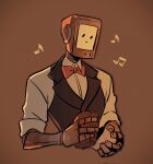  2022 ambiguous_gender bow_tie brown_background clothed clothing container cup dress_shirt genitals half-length_portrait hi_res hikase555 humanoid_genitalia humanoid_penis machine musical_note not_furry penis portrait robot shirt simple_background stray_(video_game) topwear vest 