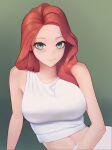  1girl absurdres aqua_eyes bare_shoulders blush breasts crop_top english_commentary gradient gradient_background green_background hantata highres large_breasts long_hair looking_at_viewer midriff original red_hair signature simple_background smile solo tank_top upper_body wavy_hair white_tank_top 