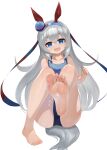  animal_ears barefoot blue_eyes dokomon ear_covers fang feet foot_focus grey_hair highres horse_ears horse_girl horse_tail leg_up long_hair looking_at_viewer simple_background skin_fang soles swimsuit tail tamamo_cross_(umamusume) toes umamusume very_long_hair wet white_background 