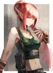  1girl bangs blunt_bangs breasts cleavage collarbone floating_hair green_tank_top groin long_hair medium_breasts midriff navel open_mouth original pink_hair pointy_ears ponytail purple_eyes solo stomach sushi_(sashimise) tank_top twitter_username upper_body very_long_hair 
