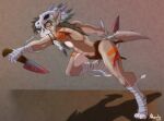  2018 anthro arm_markings athletic athletic_anthro athletic_male bandaged_hand bandaged_leg black_nose blood bodily_fluids canid dated fur green_eyes holding_knife holding_object knife male mammal markings neash orange_markings shadow shoulder_markings signature solo striped_legs tan_body tan_fur teeth white_body white_fur wide_eyed 